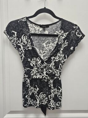 Express Black and White Floral Wrap Blouse
